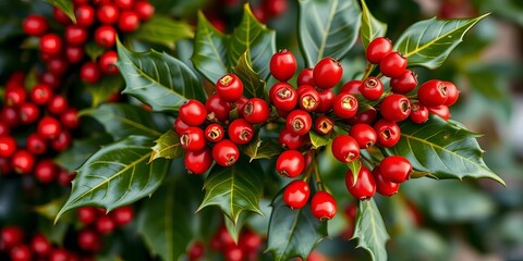 Obraz premium Vibrant red holly berries on a green leaf branch, festive winter decoration, berry, natural