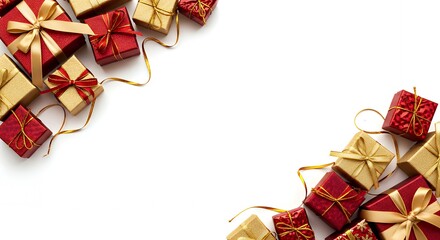 Elegant red and gold gift boxes with ribbons create festive holiday or celebration border