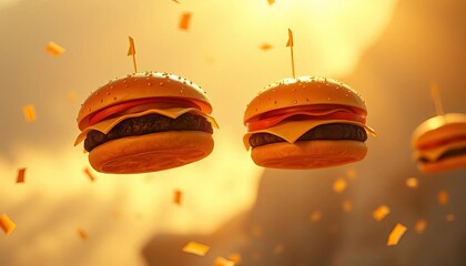 Juicy cheeseburger patties soar, golden light illuminating their whimsical flight,  concept,  sunlit
