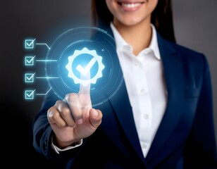 Confident businesswoman clicks approved checkmark, ensuring quality and compliance