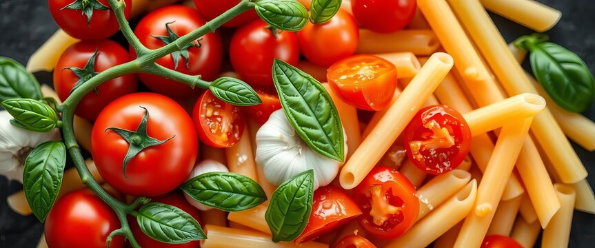 Vibrant fresh tomatoes, basil, and garlic arranged artistically with uncooked penne pasta for a classic Italian dish, penne pasta,  culinary - Powered by Adobe