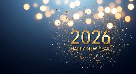 Celebrate 2026 Happy New Year with shimmering gold confetti and bokeh lights