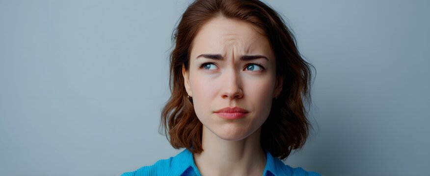 The woman displays a faint subtle frown of quiet concern on her face.