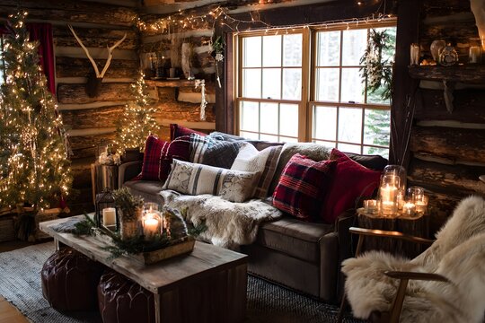 Cozy cabin living room decorated for Christmas with warm lights