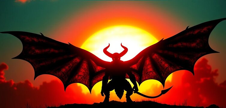 Imposing winged demon silhouette against a fiery sunset,  shadow,  darkness