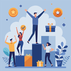 Celebration Podium With People Arms Raised For Success