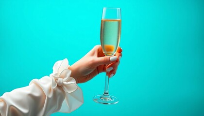 Elegant hand holding champagne flute, turquoise backdrop, wine, celebration