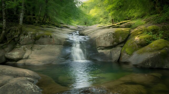 Small Waterfall Cascading into a Pool in a Lush Green Forest nature stream