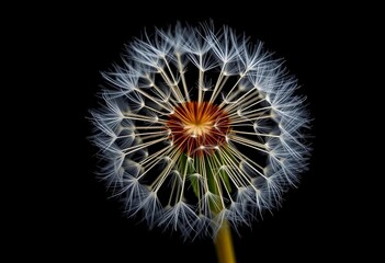Intricate dandelion seed head, delicate details against stark black,  photography,  beauty