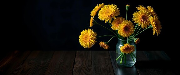 Dark wood table, vibrant yellow chrysanthemums in glass vase, moody lighting, chrysanthemum,  still life