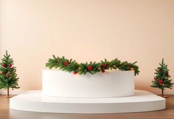 Elegant white podium adorned with Christmas garland and warm fairy lights against a beige backdrop, christmas lights, decor