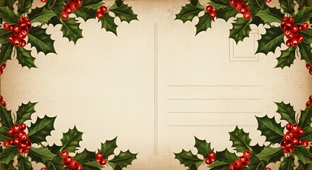 Vintage Christmas postcard frame with festive holly berries and greeting space