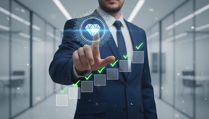 Modern businessman touches diamond icon, visualizing quality growth and success