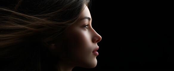 Fototapeta premium The graceful profile of a serene woman with flowing hair bathed in gentle lighting
