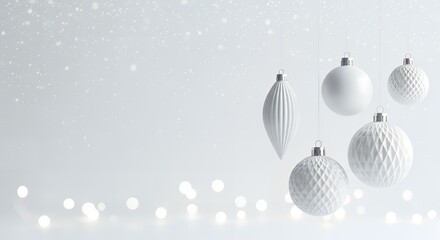 Elegant white Christmas ornaments sparkle with festive bokeh and gentle snow