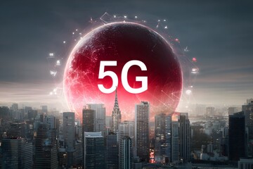 A radiant red sphere with the number 5G glows above a futuristic city skyline.