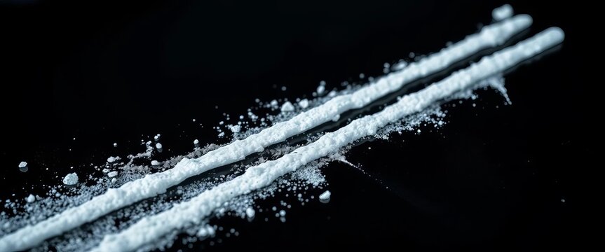 Two lines of cocaine on a dark, reflective surface, drug problem, still life