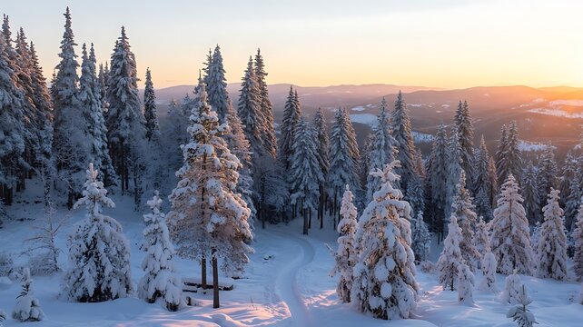 Snow covered pine forest at sunrise with winding path and warm sky winter trees