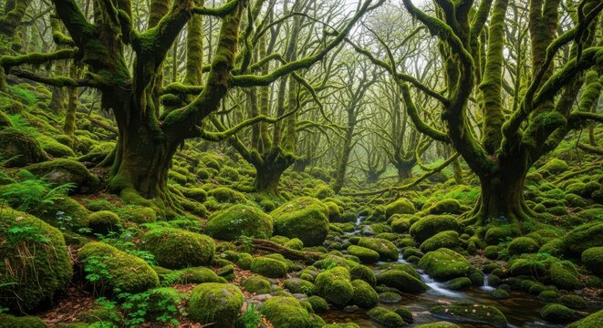 Enchanted mossy forest with a stream flowing through the trees in dartmoor, uk