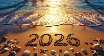 Welcome the New Year 2026 with a stunning beach sunset and seashells