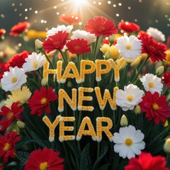Happy New Year Floral Greeting Card - Red, White, and Yellow Flowers Design
