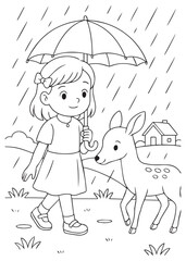 coloring book girl walking in rain holding umbrella with deer