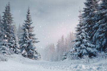 Fototapeta premium Quiet snowfall blankets a winter forest with evergreens and soft light creating a serene atmosphere conducive to peace and reflection