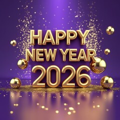 Happy New Year 2026 Celebration Card - Gold Text on Purple Gradient Background