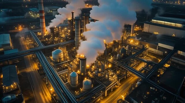 夕暮れ時の工業地帯を上空から捉えた映像。建物群の照明が輝き、蒸気が静かに立ち上る。シネマティックなドローンの動きが、産業のスケール感と静寂の対比を際立たせる。