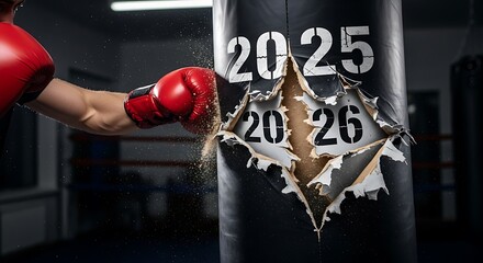 Boxing glove shatters year 2025 revealing 2026, symbolizing overcoming challenges