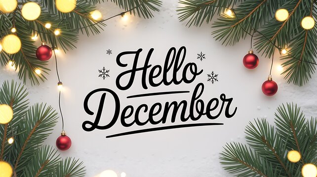 Hello december text with christmas tree branches and fairy lights