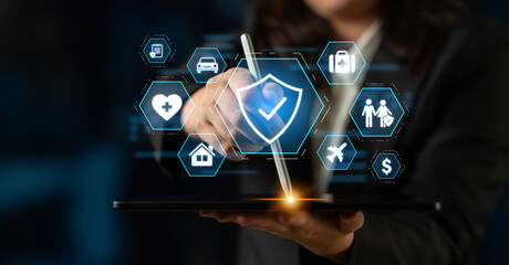 Security and insurance concept showing protection coverage for health, travel, home, car, life, and financial safety, emphasizing trust and policy assurance Latch