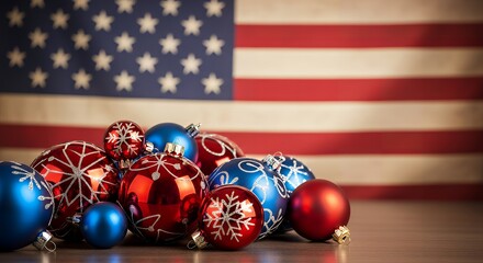 Patriotic holiday ornaments sparkle against a blurred American flag background