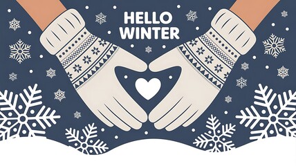 Hello winter greeting with hands making heart shape and snowflakes
