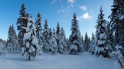 Snowy forest with tall pine trees and blue sky with clouds winter