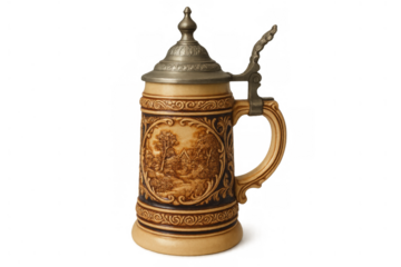 German stein showing ornate ceramic body with embossed landscape and a hinged pewter lid, on a transparent background