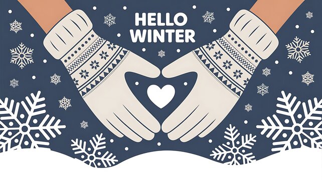 Hello winter greeting with hands making heart shape and snowflakes