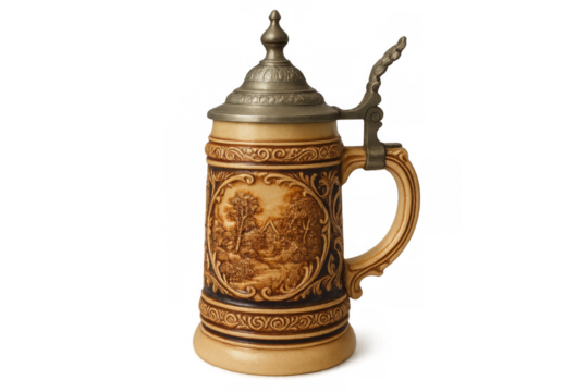 German stein showing ornate ceramic body with embossed landscape and a hinged pewter lid, on a transparent background