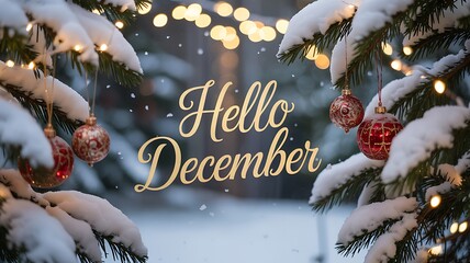 Hello december text on snowy fir branches with christmas lights and baubles