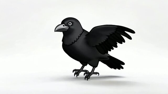 Animated Black Crow Character Isolated on White Background.