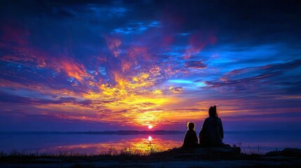 Fototapeta premium A parent and child sit on a hill, silhouetted against a breathtaking sunset, watching the sky paint the clouds with fiery colors over a tranquil lake.