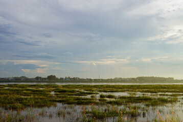 Flooded grassland at sunset with mist over Mekong River, Vientiane, Laos