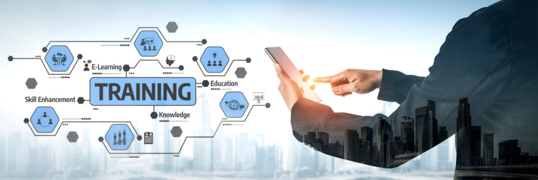 A modern business training concept showcasing digital elements focused on skill enhancement and e-learning within a corporate environment to promote professional growth. Tessel