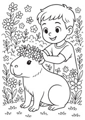 coloring book boy putting flower crown on capybara in garden