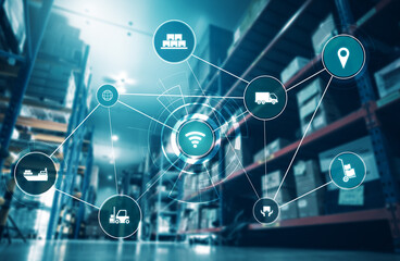 Smart warehouse management system with innovative internet of things technology to identify package picking and delivery . Future concept of supply chain and logistic network business .