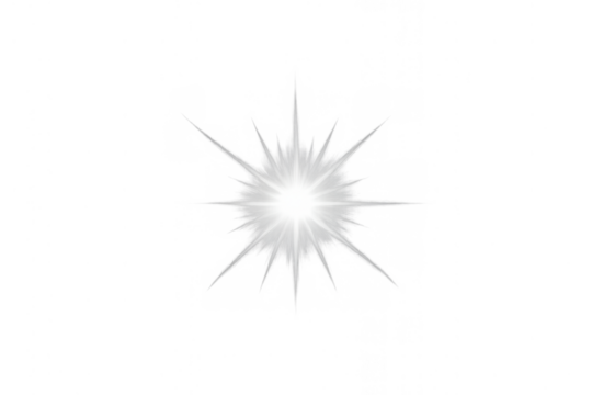 Bright white light starburst effect on transparent background glowing with lens flare and shiny rays