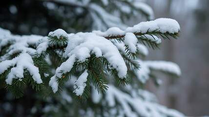Close up of a snow covered pine tree branch in winter