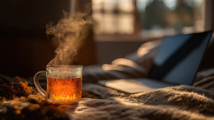 Steaming tea in glass mug beside laptop on bed symbolizing comfort productivity and remote work