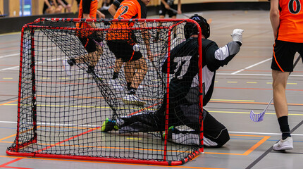 Floorball sports photo - goalie can't make the save and the other team scores!