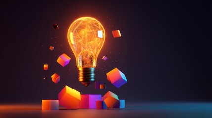 Creative light bulb idea concept with glowing elements and colorful geometric shapes floating in dark background